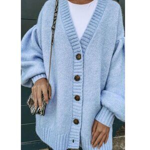 Zara Alpaca Wool Hair Oversized Balloon Sleeve Cardigan Sweater Blue Size Medium